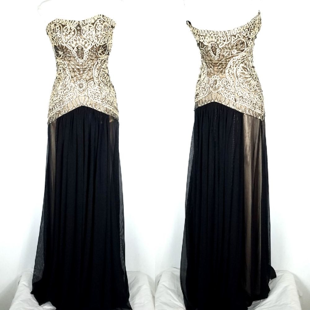 Sue Wong Gold Embellished Black Strapless Maxi Gown Formal Dress for Gala